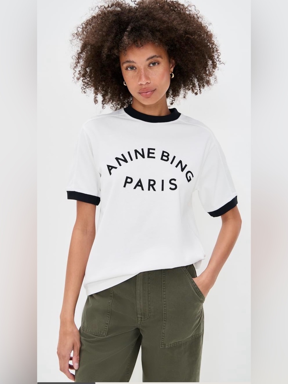 Anine Bing White Tee with Black Trim and Logo